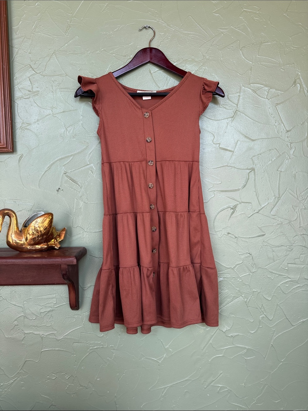 Girls' Rust Brown Button-Tiered Cotton Dress